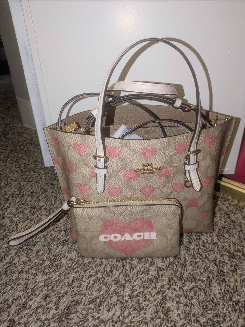 Coach Mini Signature Heart Print Tote with Pink Hearts and Matching Wristlet.